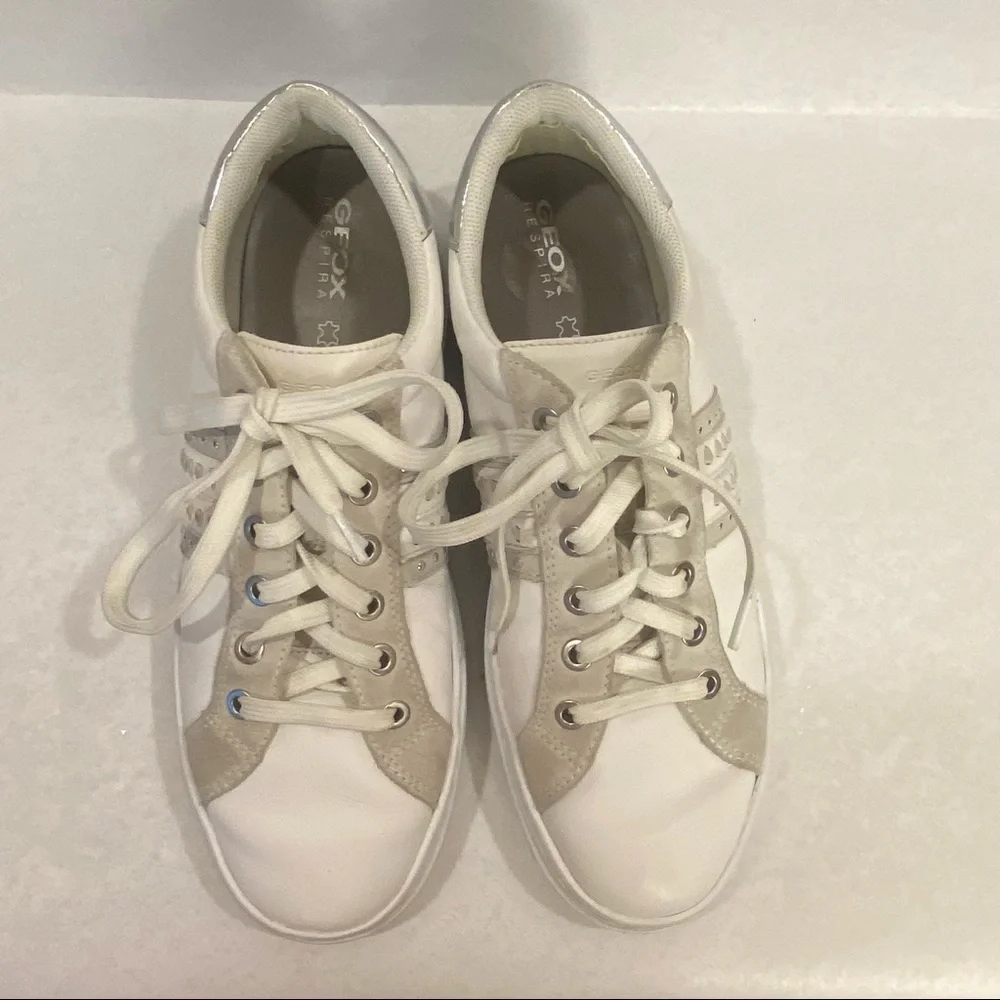 Geox Respira Pontoise White Silver Leather Sneaker Women's 9 Retro Chunky